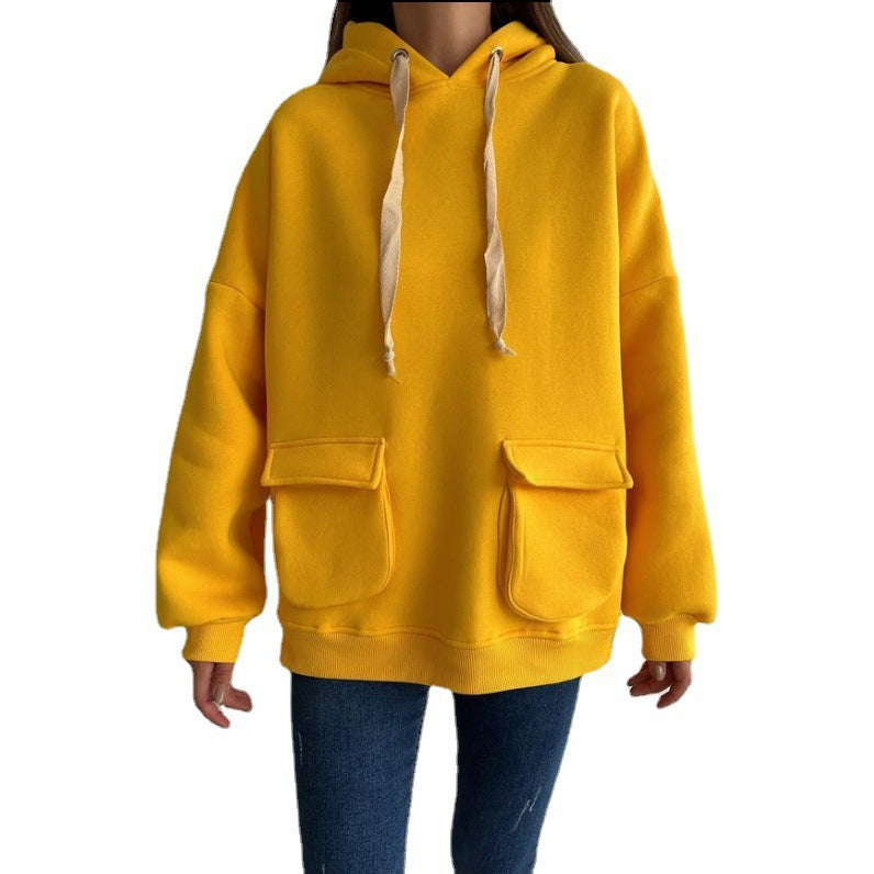 Damen nan Oversize-Kapuzenpullover mit aufgesetzten Klappentaschen und extra-langen Kordeln