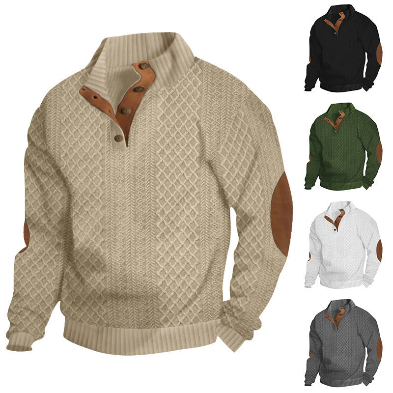 Herren nan grobstrickpullover mit Stehkragen, Knopfleiste und Ellbogenpatches