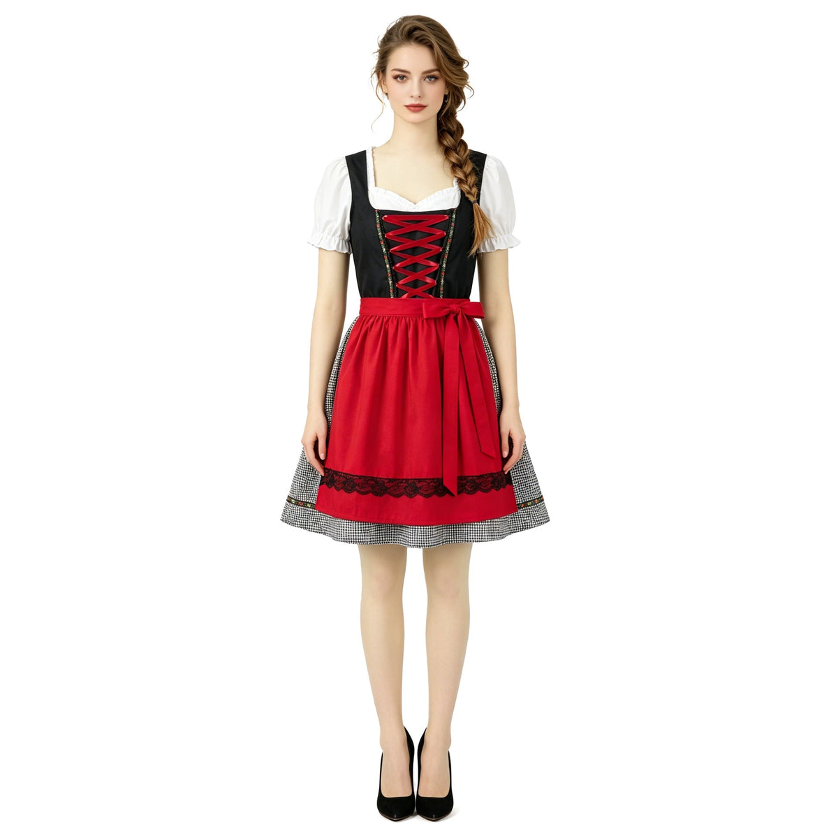 Damen nan kurzes traditionelles Dirndlkleid mit geschnürtem Mieder, Puffärmel-Bluse und aufgesetzter Schürze