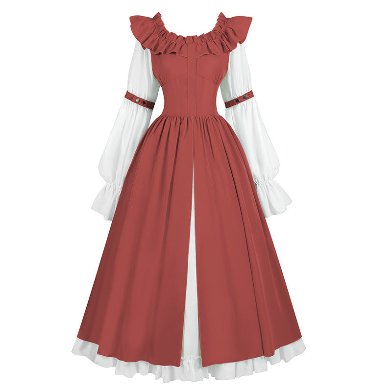 Damen nan romantisches viktorianisches Kleid mit Rüschenkragen, taillierter Korsagenoptik und ausgestelltem Tellerrock