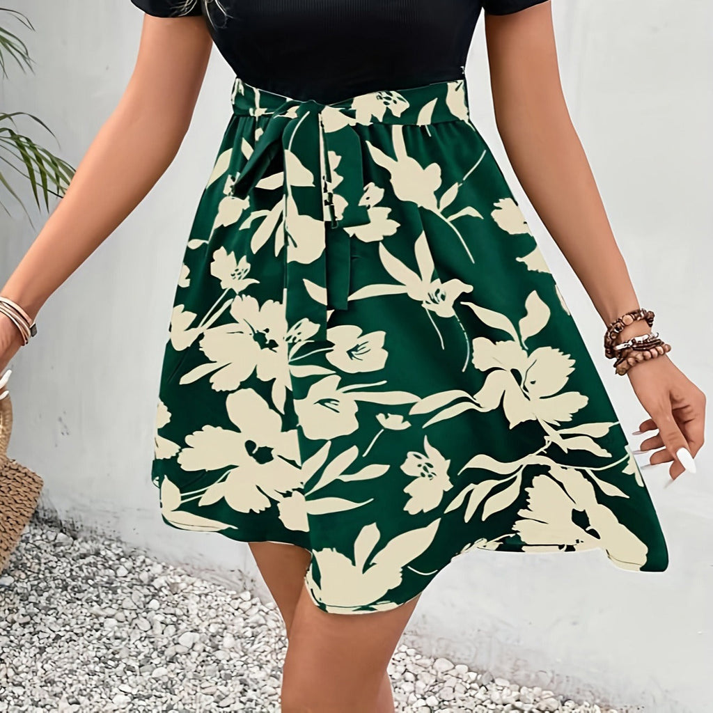Damen A-Linien Rock mit floralem Design und dekorativem Bindegürtel Selmira