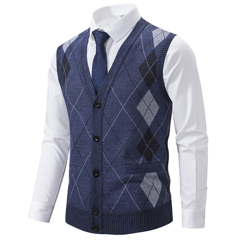 Herren nan ärmellose Strickweste mit Argyle-Muster, Teddyfutter und durchgehender Knopfleiste