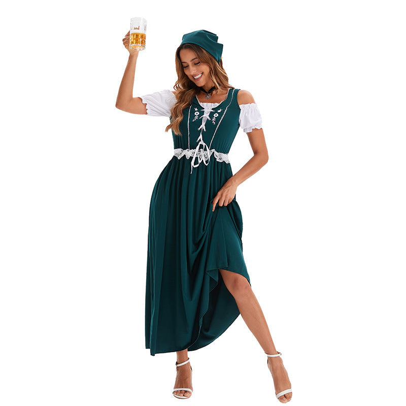 Damen nan langes Trachtenkleid im Dirndlstil mit Corsage-Schnürung und Spitzenbund