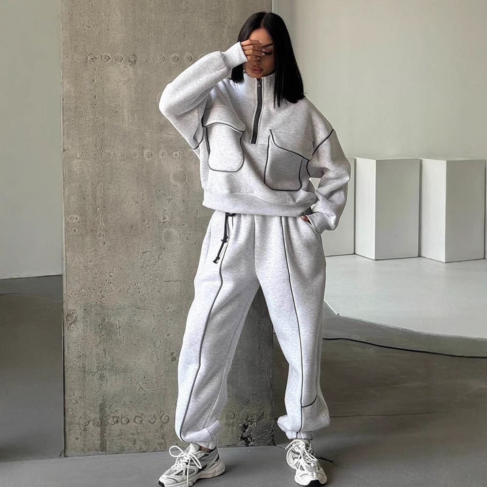 Damen nan Oversize Halbzip-Sweatshirt mit aufgesetzten Klappentaschen und Kontrastpaspeln