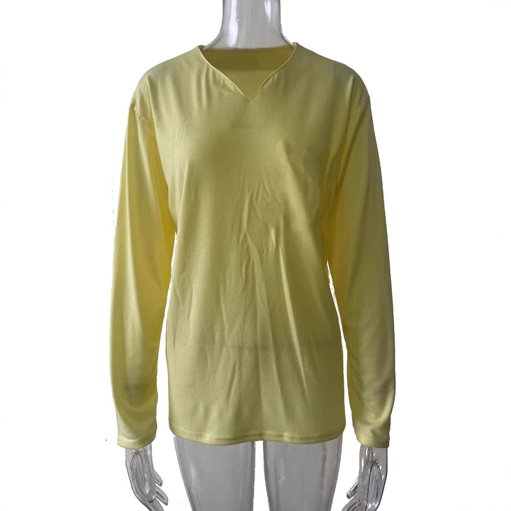 Damen nan legeres Langarmshirt mit V-Notch-Ausschnitt, Brusttasche und lockerer Oversize-Passform
