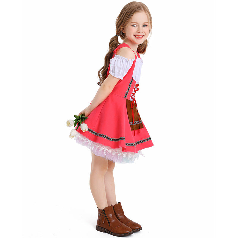 Damen nan traditionelles Kinderdirndl mit Schnürmieder, Spitzenunterrock und dekorativer Schürze