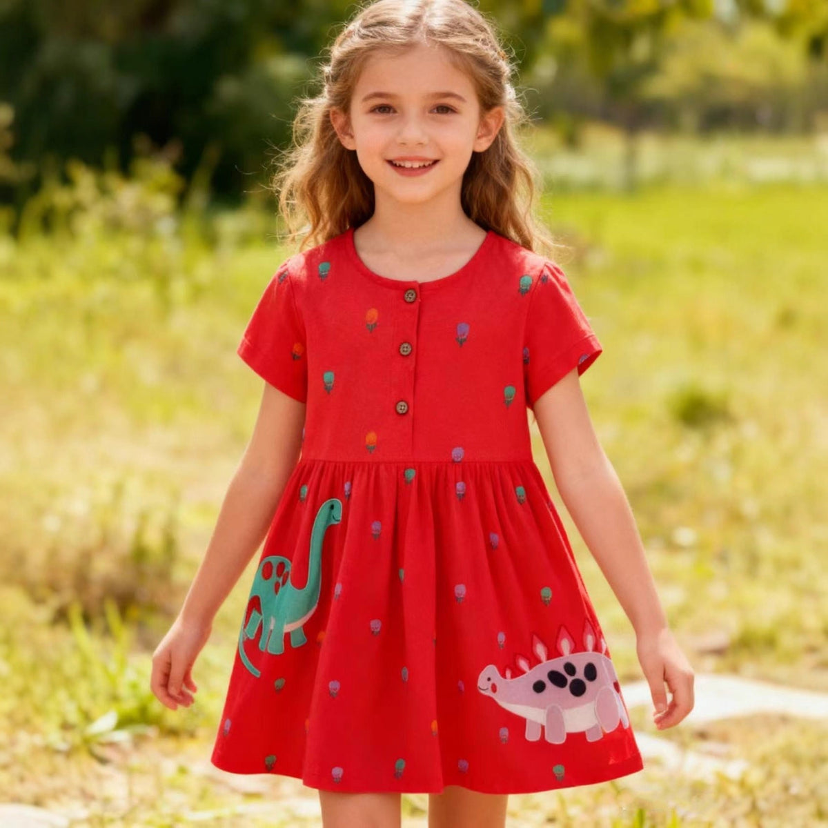 Mädchen Freizeitkleid mit bunten Dinosaurier-Applikationen