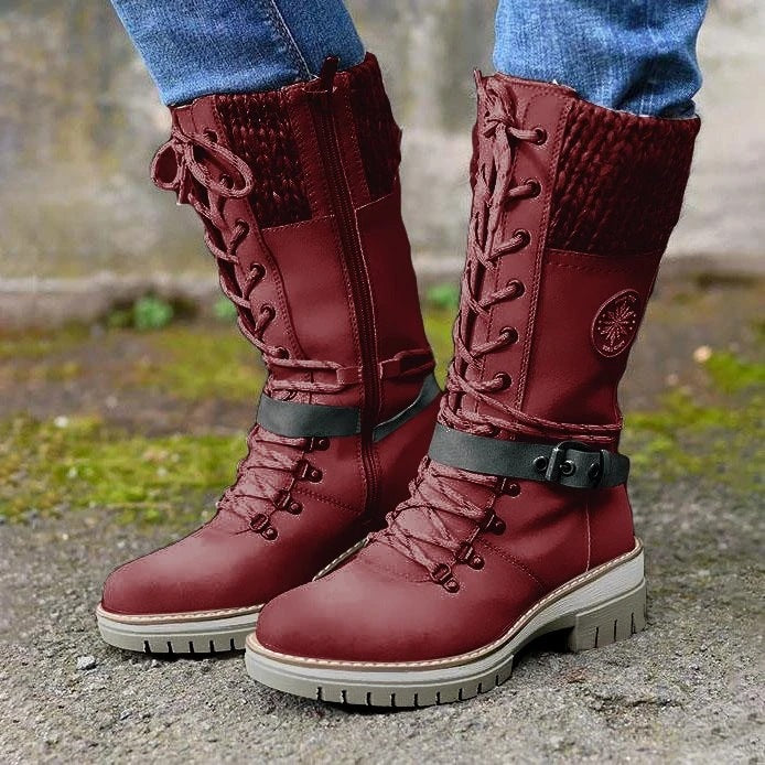 Damen nan gefütterte Schnürstiefel mit gestricktem Schaftbund, dekorativem Schnallenriemen und profilierter Gummisohle