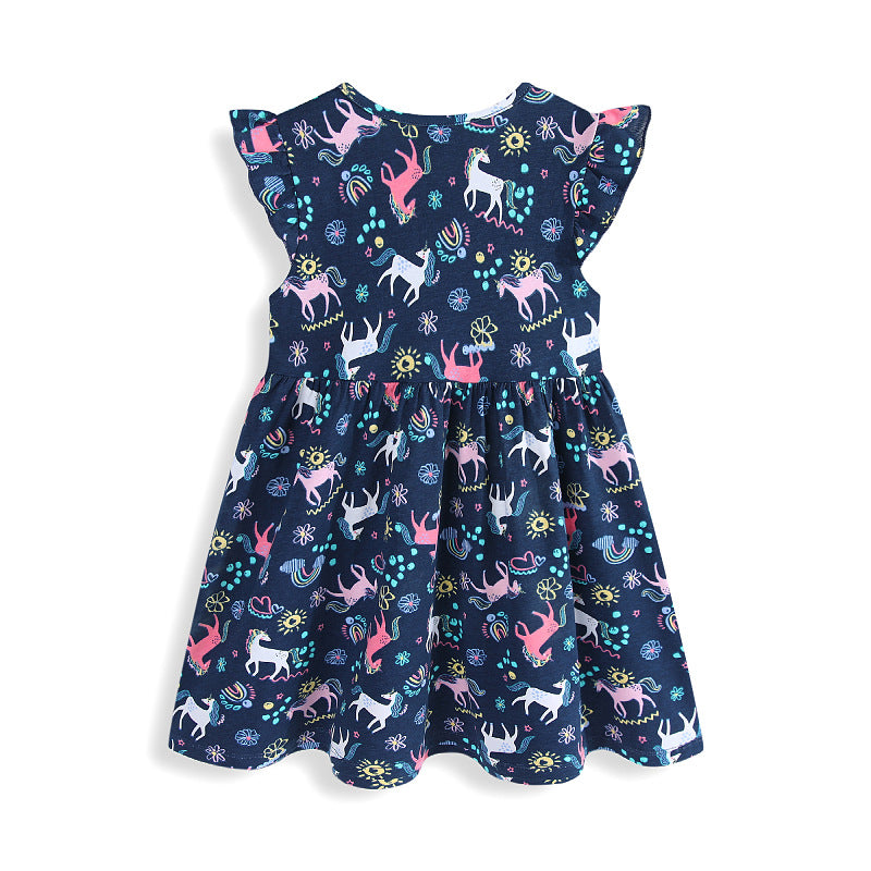 Mädchen Freizeitkleid mit süßen Einhorn- und Blumenmotiven