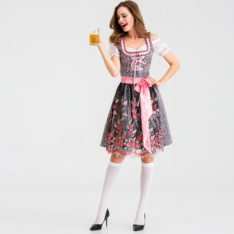 Damen nan traditionelles Kurzdirndl mit Spitzenärmeln, Schnürung und floraler Schürze