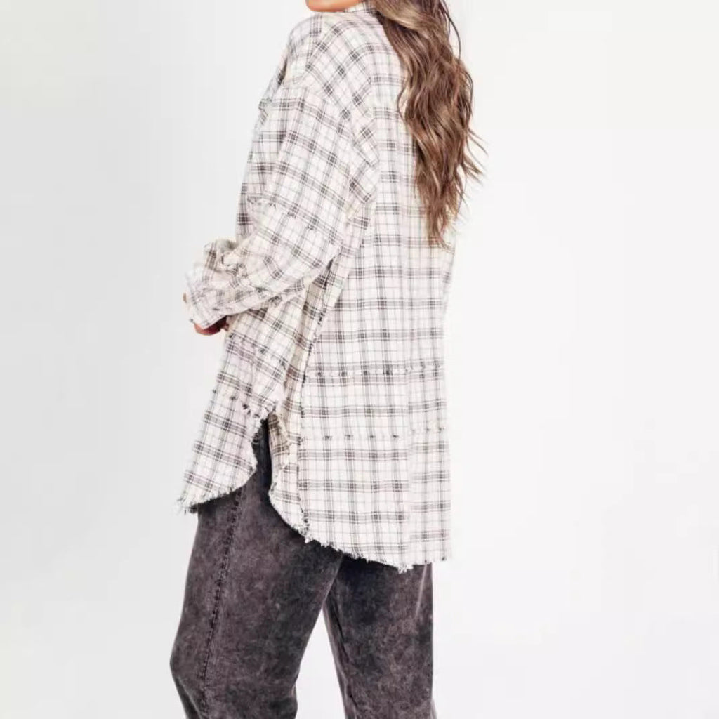 Damen nan oversized Karo-Überhemd mit Fransenbesatz, Brusttaschen und lockerer Passform