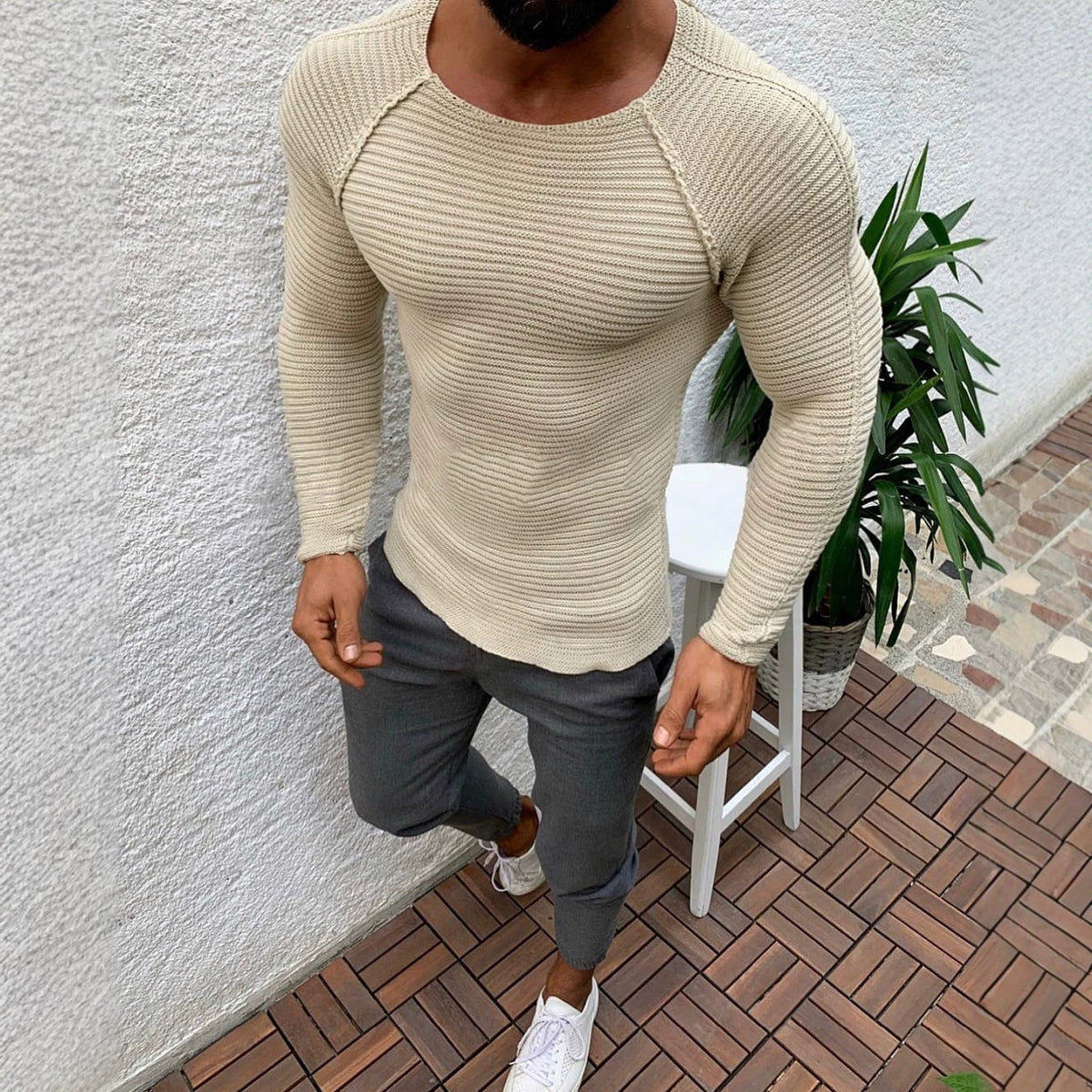 Herren nan figurbetonter Strickpullover mit Raglanärmeln und elastischer Struktur