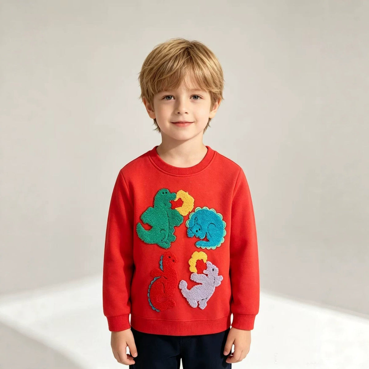 Kinder Sweatshirt mit buntem Dinosaurier und Blumen-Applikationen