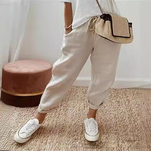 Damen nan legerer Leinen-Jogger mit Kordelzug, Eingrifftaschen und umgeschlagenem Saum