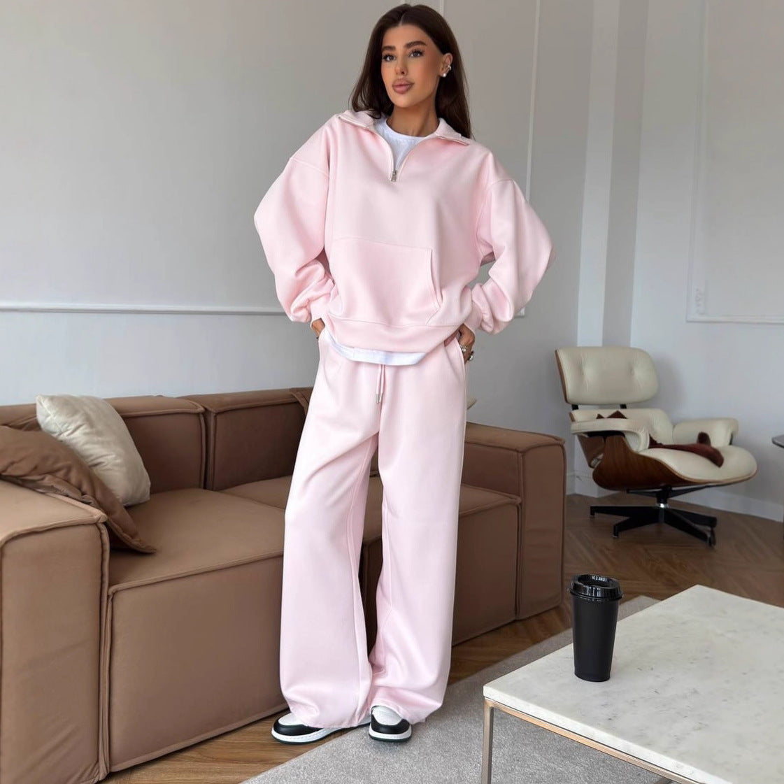 Damen nan weites Halfzip-Lounge-Set mit Kapuzenpullover, Kängurutasche und fließender Wide-Leg-Hose