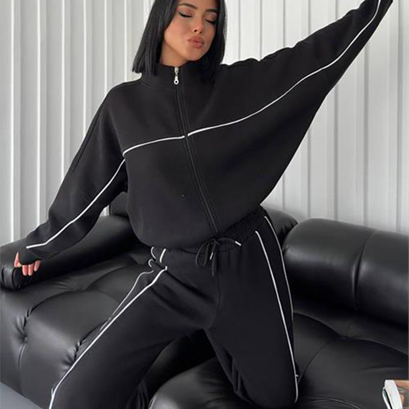 Damen nan Oversize Trainingsanzug Set mit Reißverschluss hohem Kragen und Kontrastpaspeln