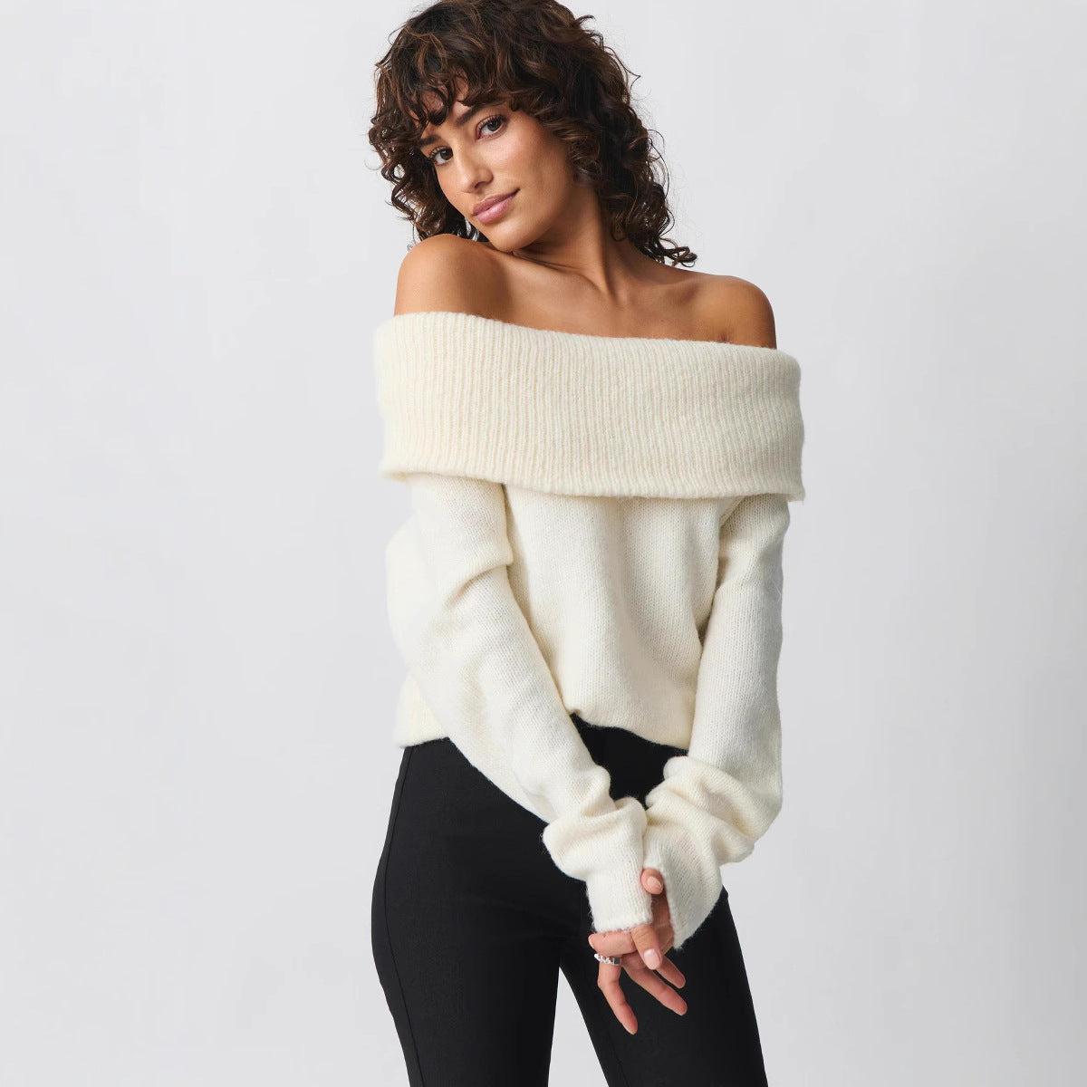 Damen nan Off-Shoulder Grobstrickpullover mit breitem Umschlagkragen und lässiger Oversize-Passform