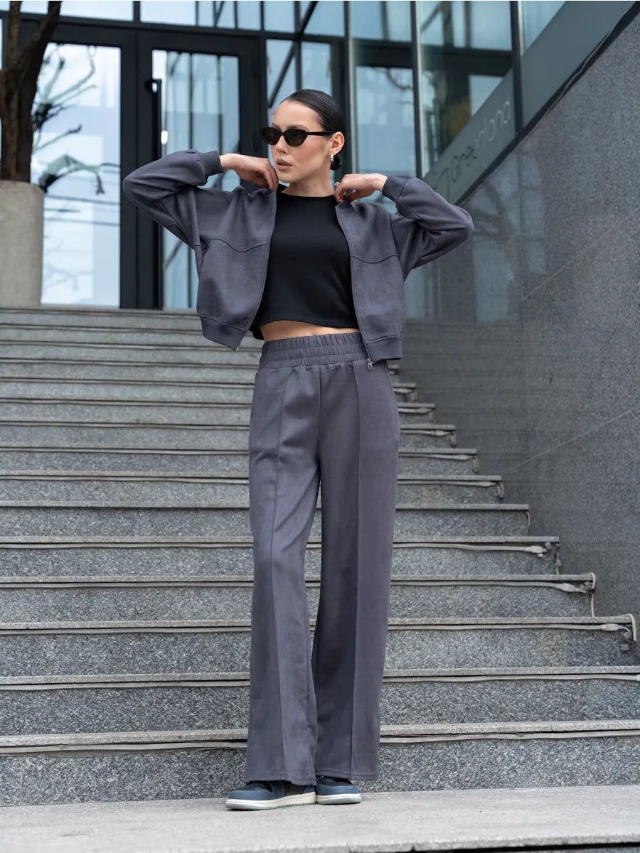 Damen nan zweiteiliges Velours-Loungewear-Set mit kurzem Zip-Hoodie und weiter Highwaist-Hose