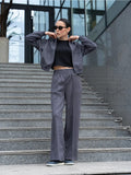 Damen nan zweiteiliges Velours-Loungewear-Set mit kurzem Zip-Hoodie und weiter Highwaist-Hose