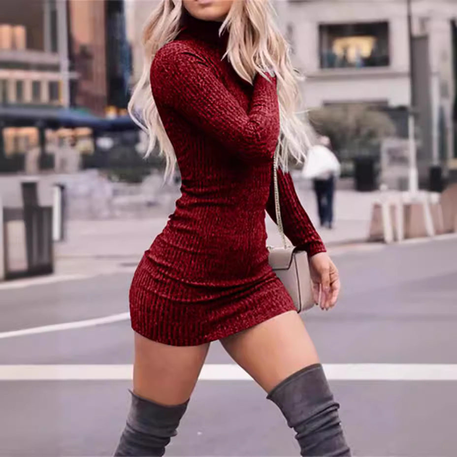 Damen nan figurbetontes gestricktes Rollkragen-Minikleid mit Rippstruktur