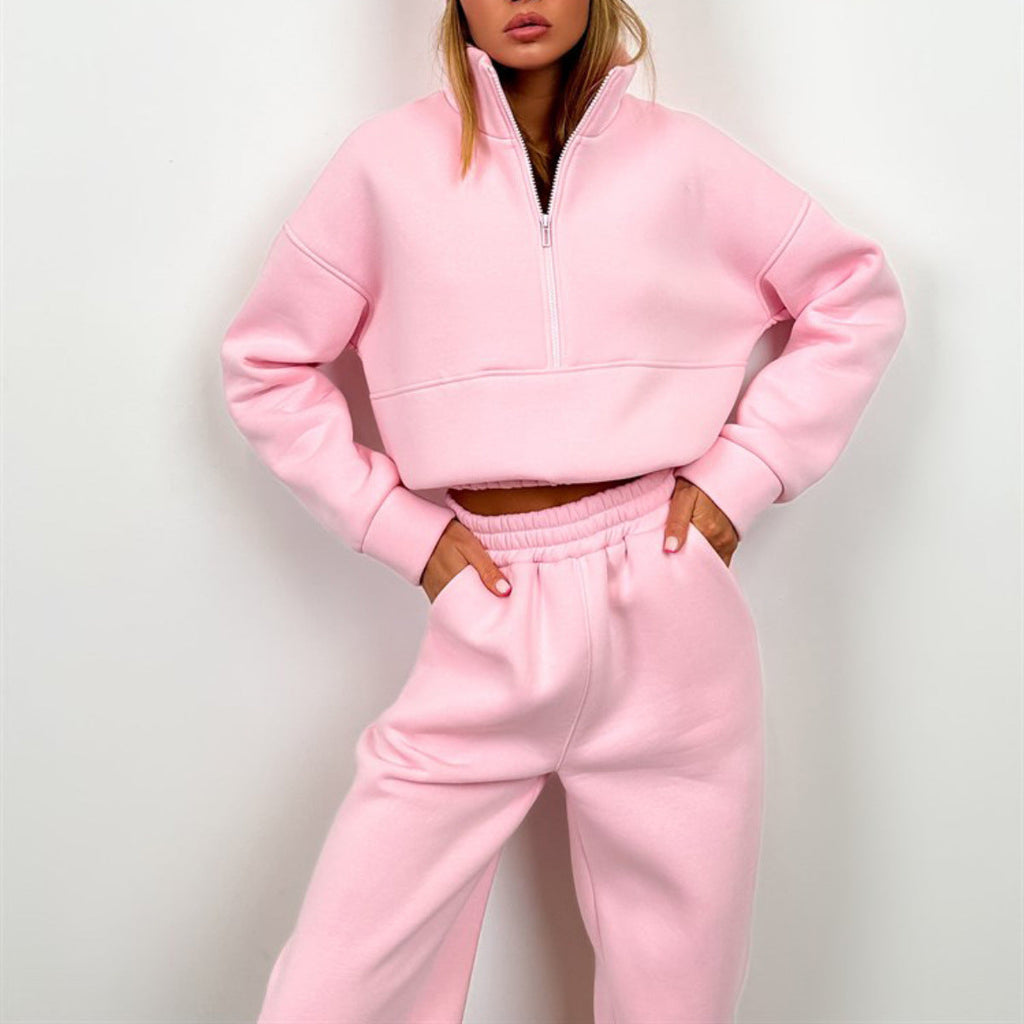 Damen nan cropped Half-Zip Fleece-Set zweiteilig mit hohem Bund und elastischen Bündchen