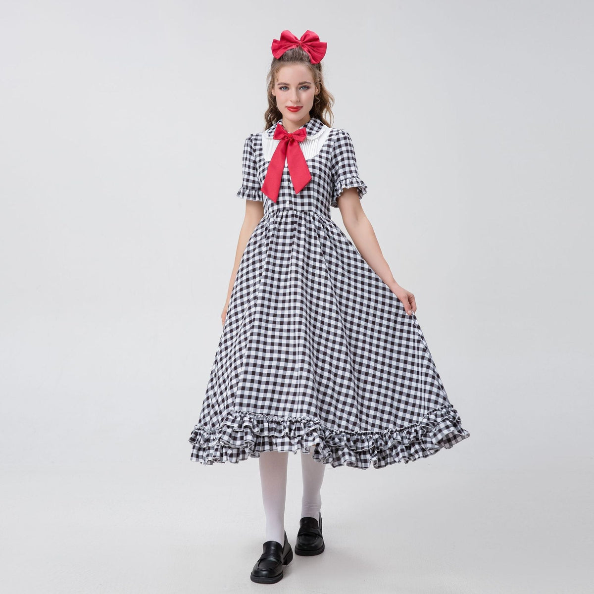 Damen nan Vintage-inspiriertes Karo-Swingkleid mit abnehmbarer Schürze, Rüschenärmeln und Schleifenkragen
