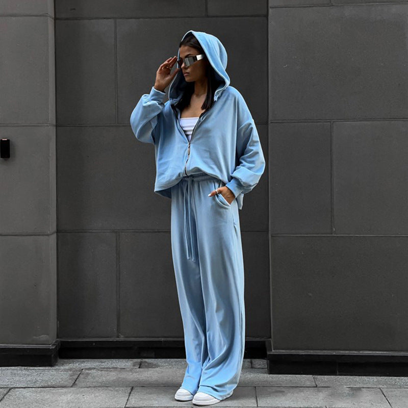Damen nan luxuriöses Velours-Zweiteiler Set mit kurzem Reißverschluss-Hoodie und weiten Highwaist-Loungehosen