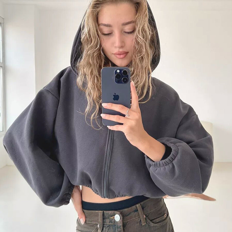 Damen nan oversized Kapuzenjacke kurz geschnitten mit elastischem Saum und Ballonärmeln