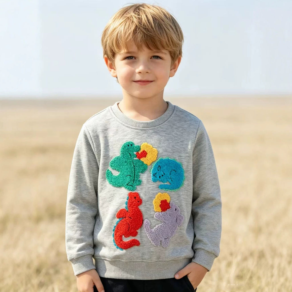 Kinder Sweatshirt mit buntem Dinosaurier und Blumen-Applikationen