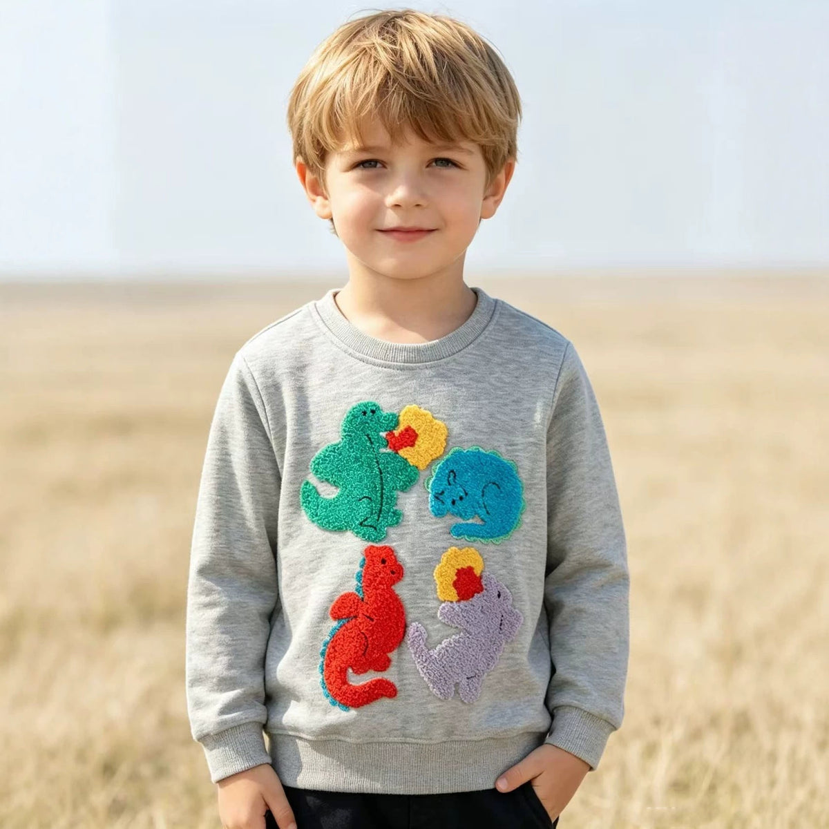 Kinder Sweatshirt mit buntem Dinosaurier und Blumen-Applikationen