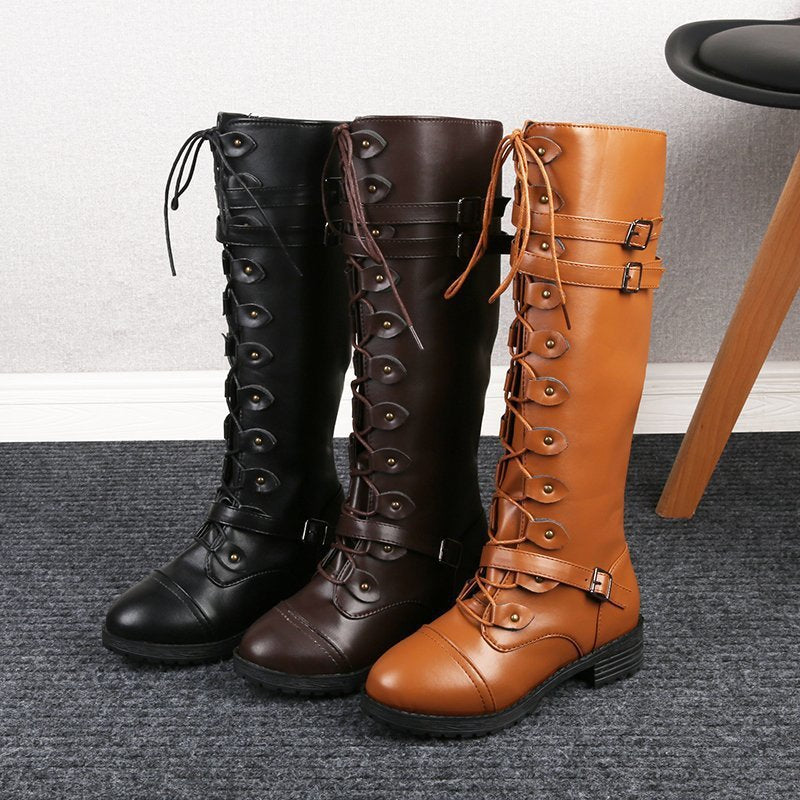 Damen nan kniehohe Schnürstiefel im Militär-Vintage Stil mit dekorativen Riemen und verstellbaren Schnallen