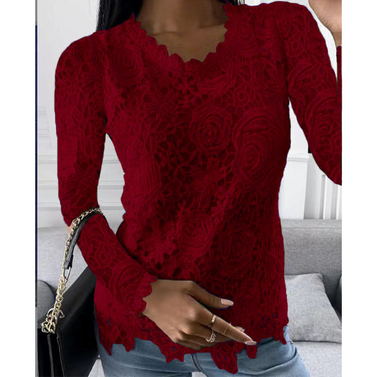 Damen nan figurbetonte Spitzenbluse mit floraler Allover-Spitze, Langarm und gezacktem Saum