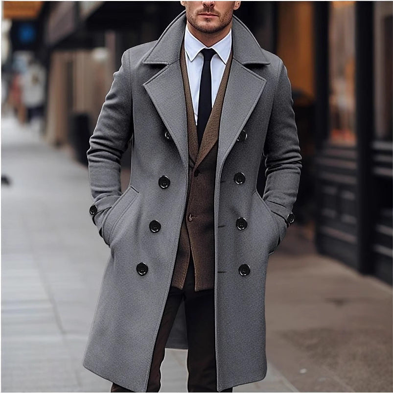 Herren nan eleganter doppelt geknöpfter Wollmantel mit breitem Revers und tailliertem Businessschnitt
