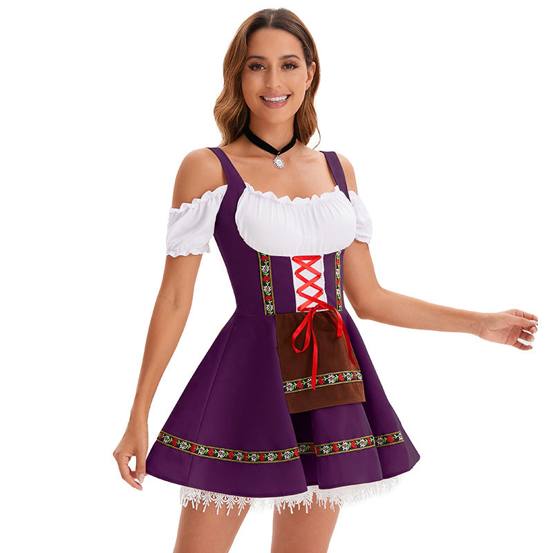Damen nan kurzes Trachtenkleid im Dirndlstil mit Schnürung, schulterfreiem Carmen-Ausschnitt und Zierschürze