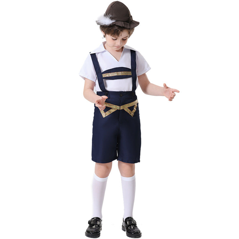 Unisex nan festliche Kinderhose mit verstellbaren Hosenträgern und Ziergürtel