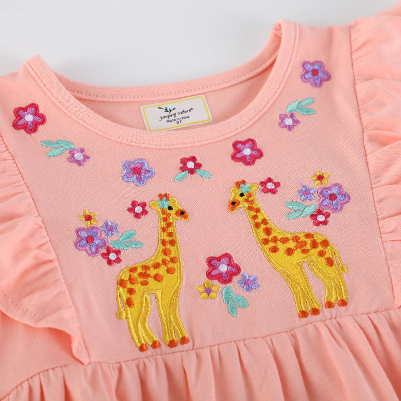 Mädchen Baumwollkleid mit bezaubernden Giraffen-Stickereien