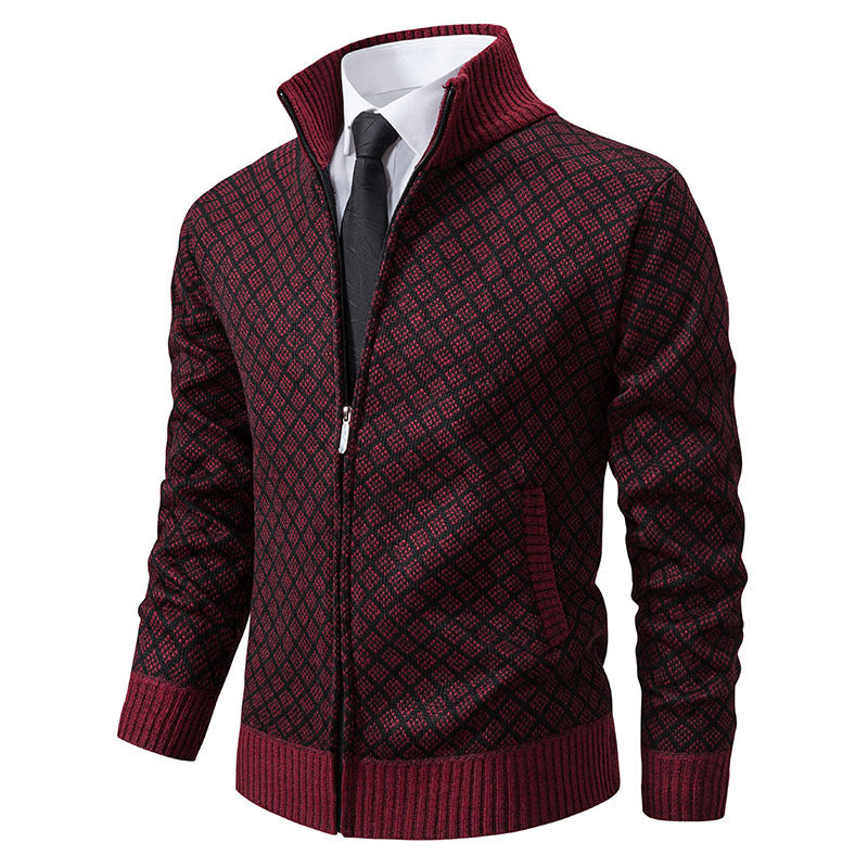 Herren nan gemusterte Strickjacke mit Stehkragen und durchgehendem Reißverschluss