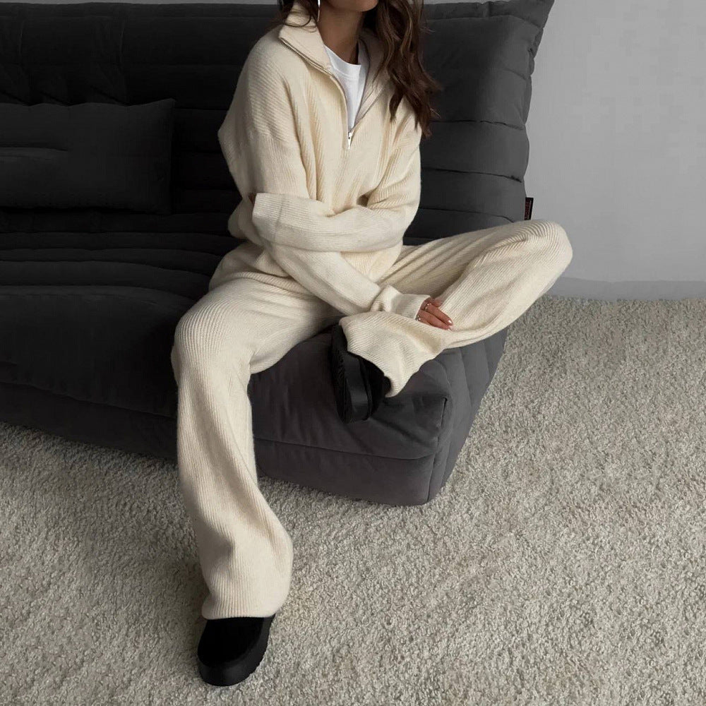 Damen nan geripptes Strick-Lounge-Set mit Halbzip-Pullover und hochgeschnittener Leggings