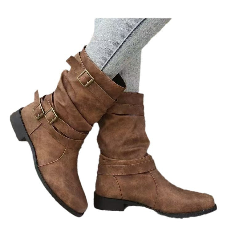 Damen nan lässiger mittlerer Schaftstiefel mit weichem Slouch-Effekt, dekorativen Schnallenriemen und robustem Blockabsatz