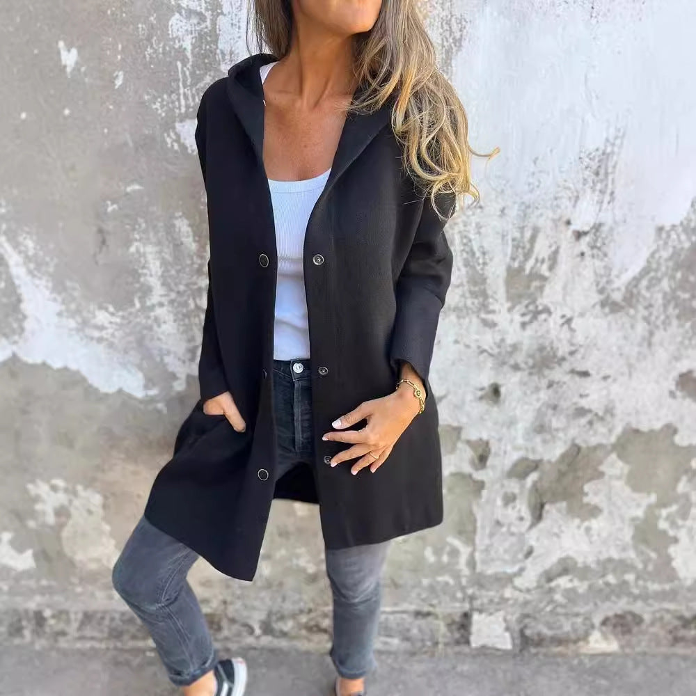 Damen nan Kapuzenmantel mittellanger Baumwollmix mit Druckknopfleiste und Eingrifftaschen