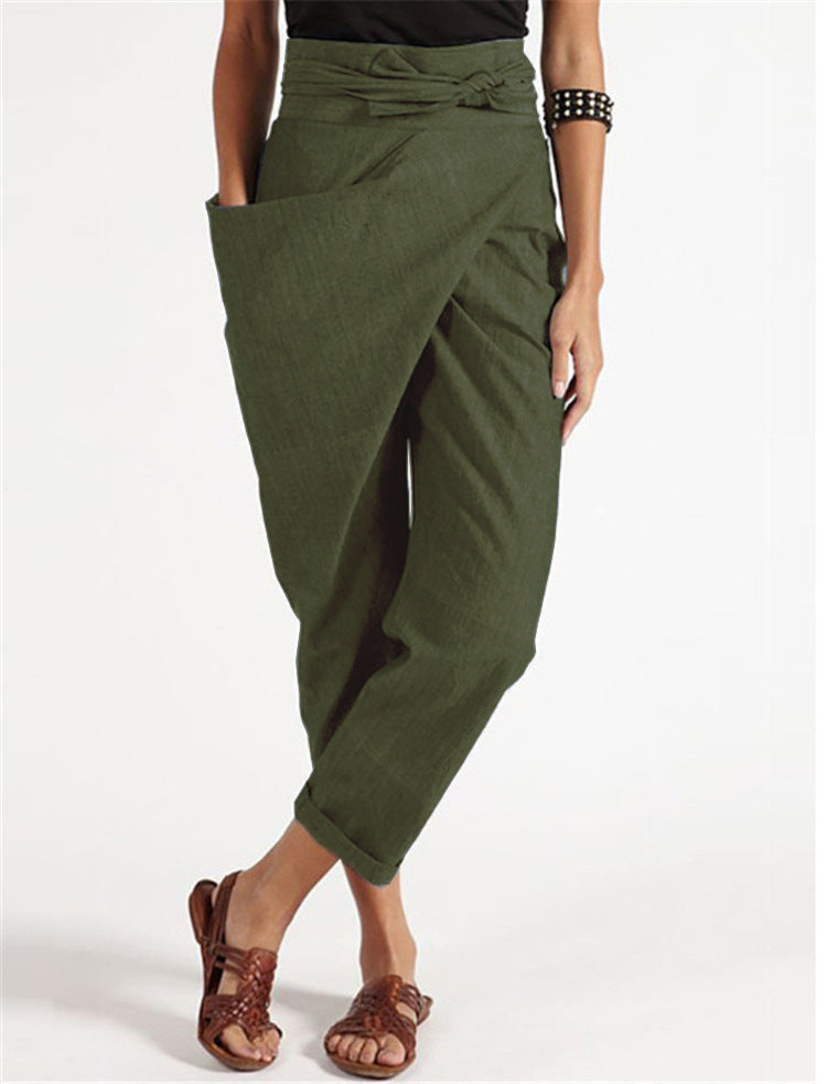 Damen nan Wickelhose aus Leinenmix mit hohem Taillenbund, überlappender Vorderseite und großzügiger Eingrifftasche