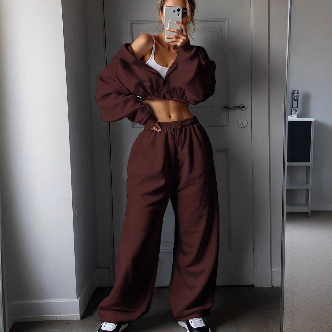 Damen nan kurzes Zip-Hoodie Cropped Sweatshirt mit Kordelzug, angesetzten Ballonärmeln und elastischem Saum