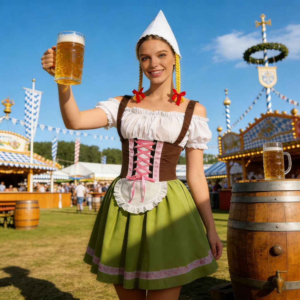 Damen nan traditionelles Dirndl-Kostüm mit Schnürung, Schürze und spitzem Kopftuch