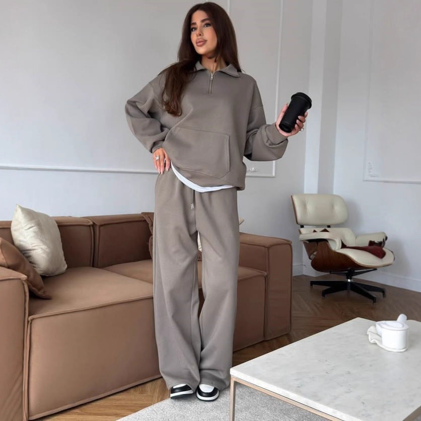 Damen nan weites Halfzip-Lounge-Set mit Kapuzenpullover, Kängurutasche und fließender Wide-Leg-Hose