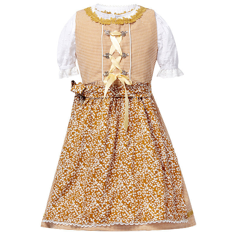 Damen nan traditionelles Trachtenkleid-Set mit geschnürtem Mieder, bestickter Puffbluse und abnehmbarer Schürze