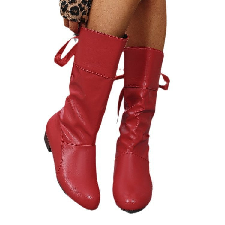 Damen nan schafthöhe Stiefel mit Raffung, rückseitiger Schnürung und niedrigem Blockabsatz