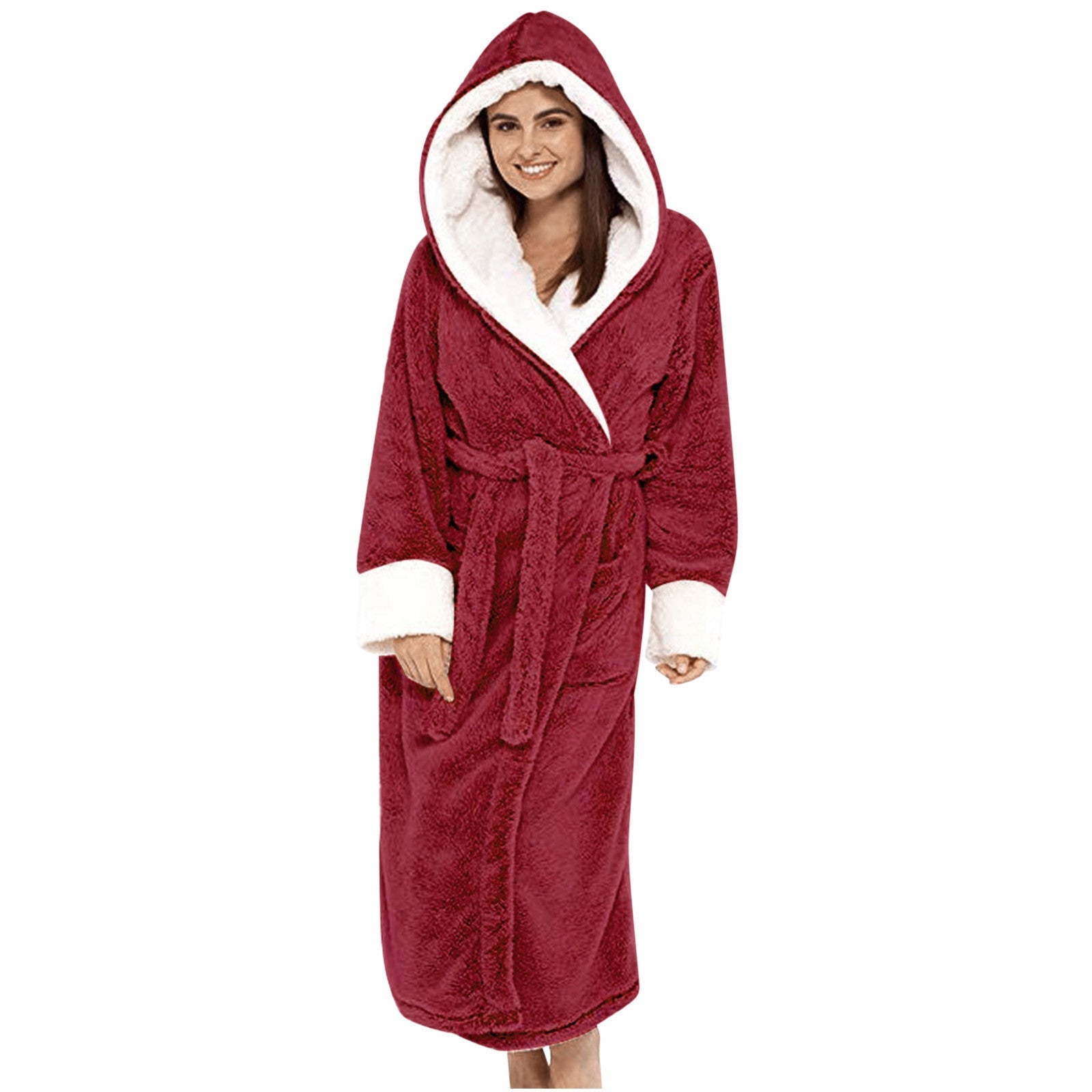 Damen Kuscheliger Fleece-Morgenmantel mit Kapuze und Gürtel Selmira