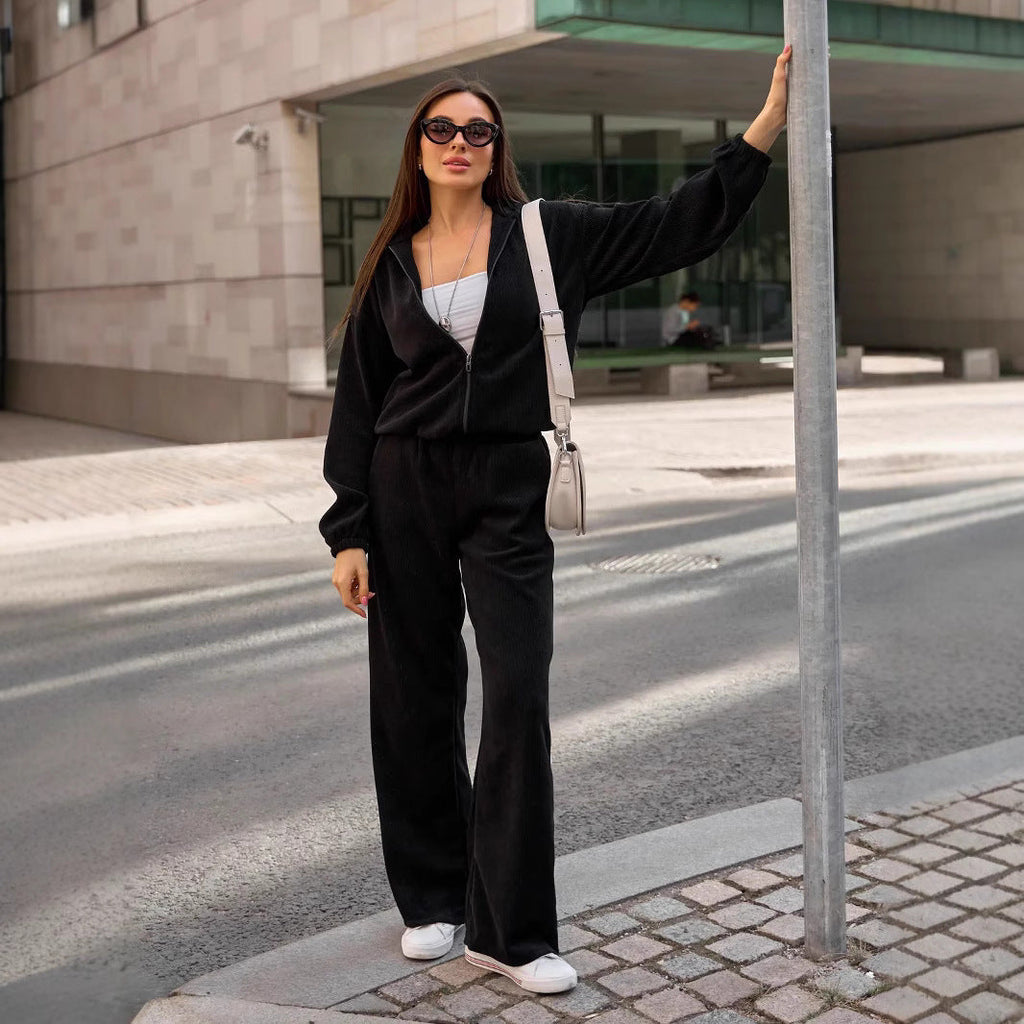 Damen nan kurzes Kapuzen-Loungewear-Set mit durchgehendem Reißverschluss, elastischem Komfortbund und gerippter Struktur