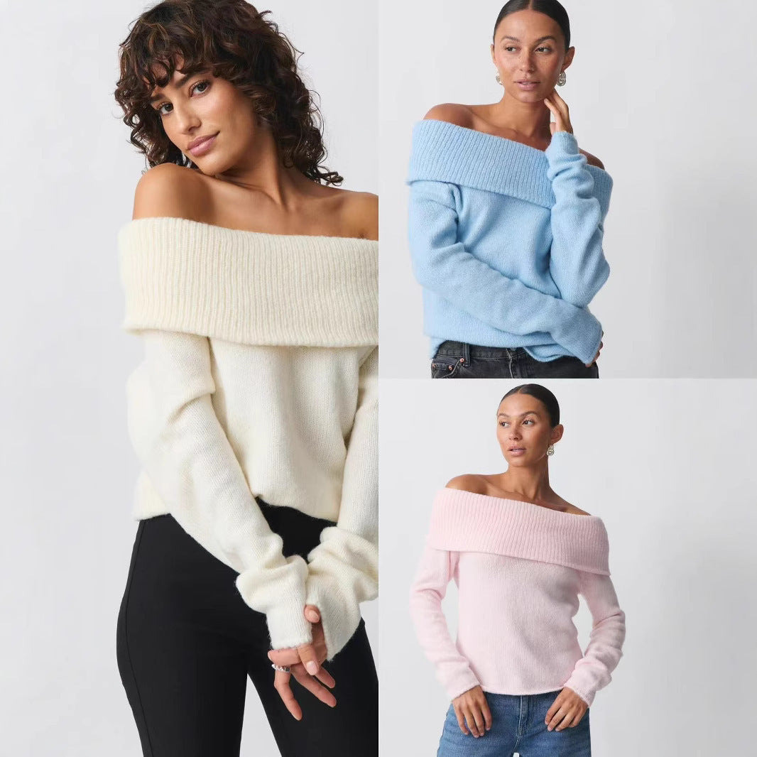 Damen nan Off-Shoulder Grobstrickpullover mit breitem Umschlagkragen und lässiger Oversize-Passform