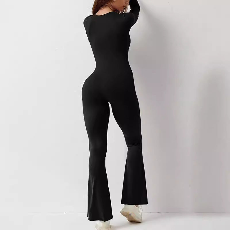 Damen nan figurbetonter Langarm-Jumpsuit mit quadratischem Ausschnitt und ausgestellter Schlaghose